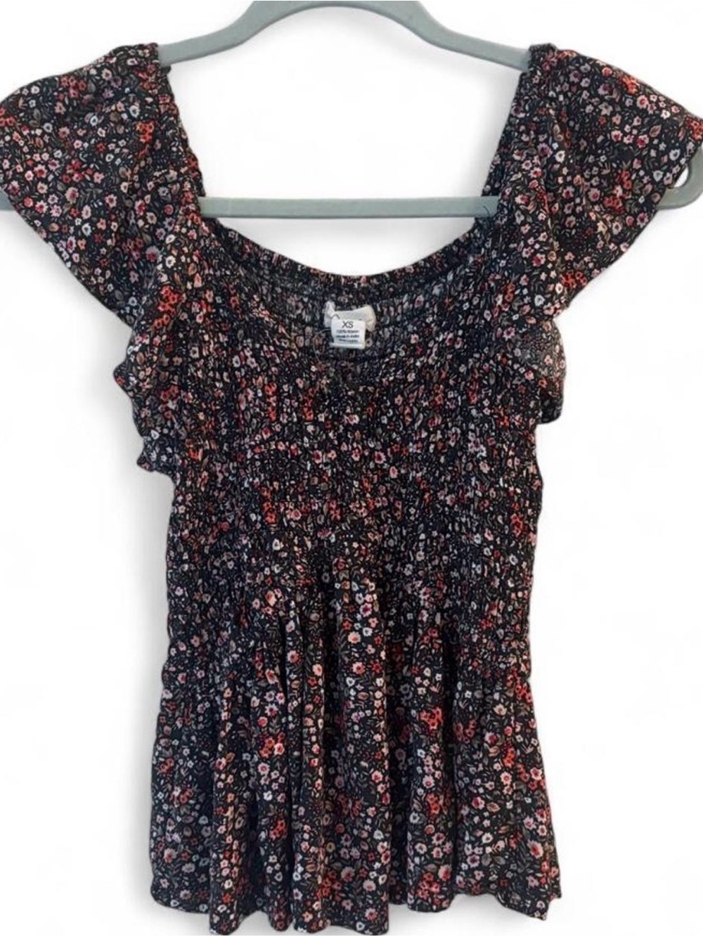 Black Floral Smocked Peplum Top with Pink & Red Blossoms - Picture 1 of 5